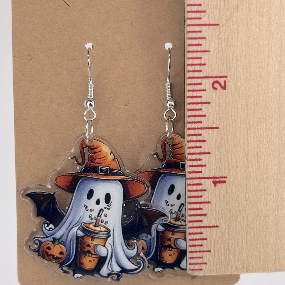 Ghost Witch With A Beverage Halloween Earrings 2D Acrylic Cartoon - Picture 2 of 2